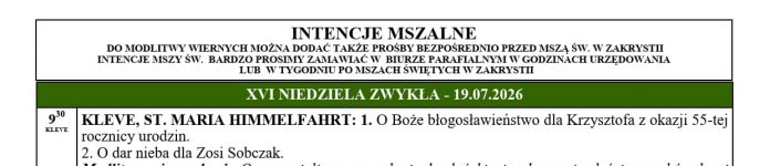 INTENCJE MSZALNE NR.: 392 – XVI NIEDZIELA ZWYKŁA – 19.07.2026