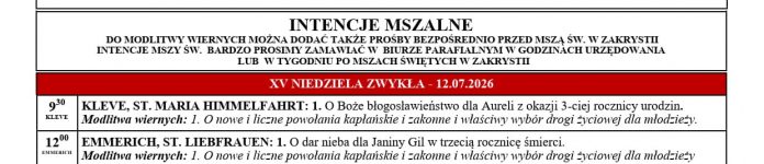 INTENCJE MSZALNE NR.: 391 – XV NIEDZIELA ZWYKŁA – 12.07.2026