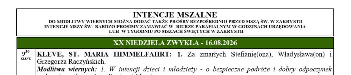 Intencje mszalne 16.08.2026