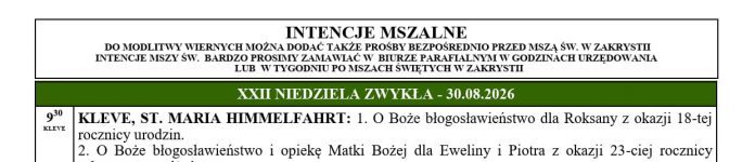 Intencje mszalne 30.08.2026
